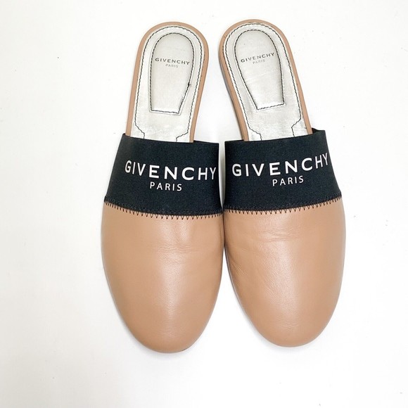 Givenchy Mule Bedford Flats 39.5 US 9.5 Tan Leather Black Elastic Logo - Picture 1 of 9